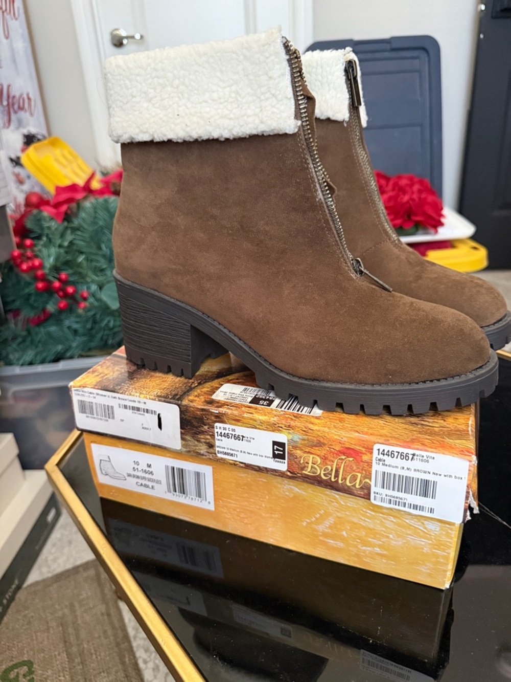 Bella Vita Brown Suede Ankle Boots with Cream Shearling Cuff